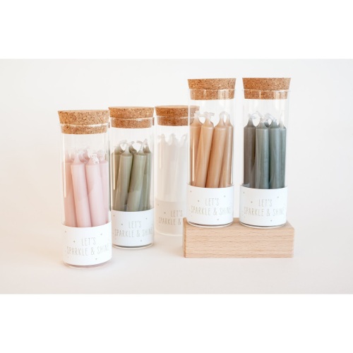 8 mini kaarsjes in glazenbuis met kurk